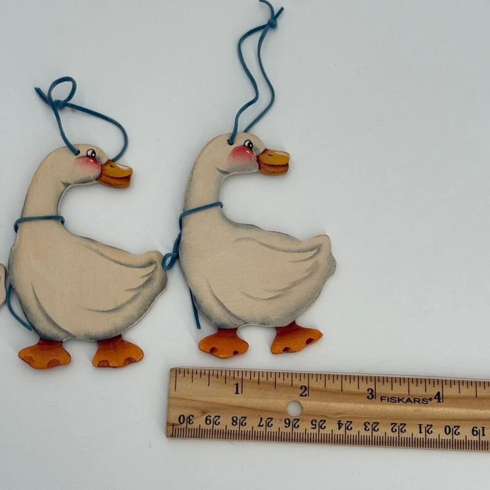Vintage Country Goose Ornaments Set of 3 Wooden Blue Ribbon Grandmacore Handmade